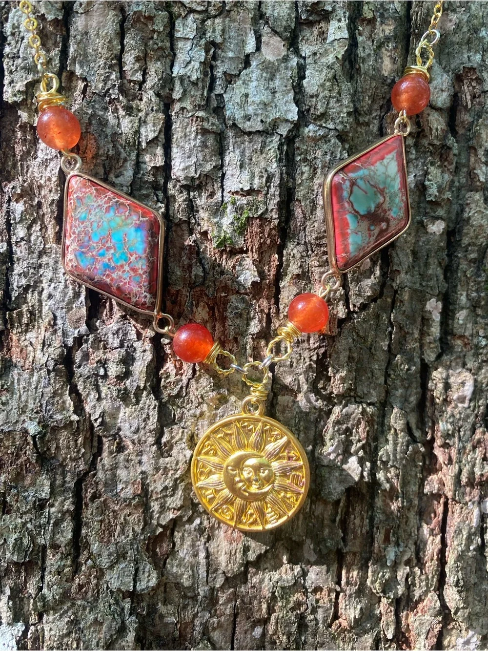 Handcrafted Gold Sun Pendant Necklace with Turquoise-Red Stone Accents